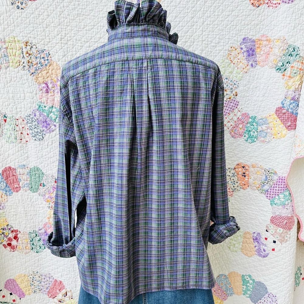 Upcycled Dark Academia Ralph Lauren Slim Fit Purple Green Plaid Ruffle Collar XL - Picture 6 of 10